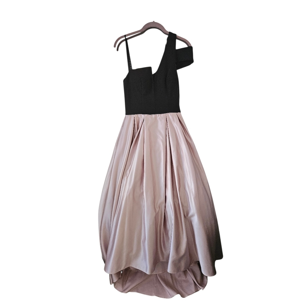 Betsy & Adam One-Shoulder Satin Ballgown Black/Champagne Size 8 $259 - Picture 4 of 8